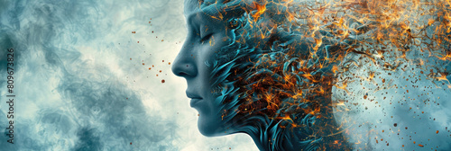 A womans head with flames bursting out of it, depicting intensity and inner turmoil