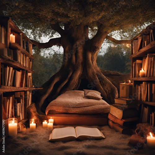 Fairy library bed under a tree