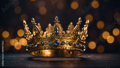 Regal Radiance, Gleaming Gold Crown on Dark Background, Medieval Majesty