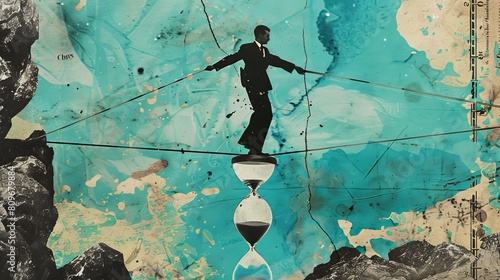 Collage art of a man balancing on a tightrope between two hourglasses.