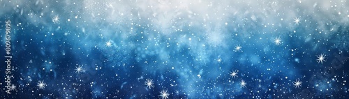 A gradient background transitioning from frosty white to deep midnight blue, adorned with silver star bursts, simulating a cold yet enchanting winter night sky