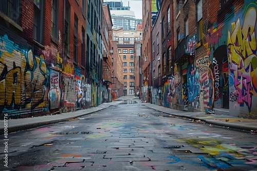 Graffiti-covered alley with fire hydrant and brick buildings