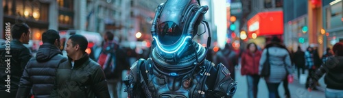 Astronaut walking through Time Square in a futuristic world.