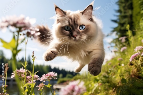 Group portrait photography of a curious ragdoll cat leaping while standing against beautiful nature scene