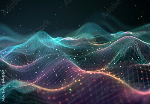 A visually stunning image of vibrant, dynamic waves made up of multicolored digital particles and lights