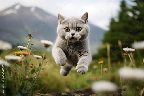 Medium shot portrait photography of a happy british shorthair cat leaping on beautiful nature scene