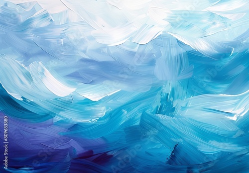 This is an abstract painting with energetic blue and white strokes, giving the impression of a cool, ocean breeze