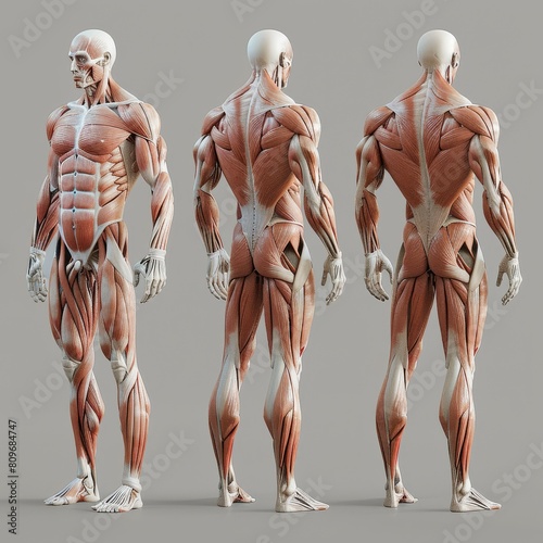 3D model of human body muscles on a light background.