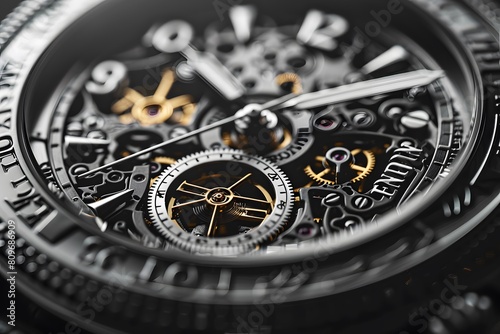 Close up of a black-faced watch with gold gears