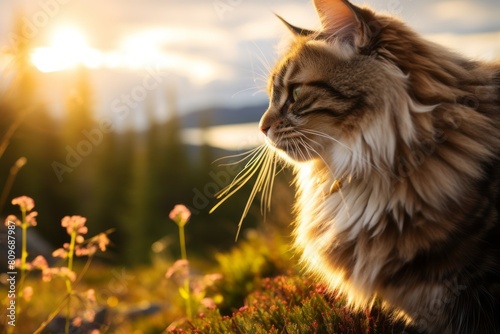 Close-up portrait photography of a happy norwegian forest cat sharpening her nails on beautiful nature scene