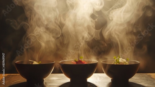 Bold silhouette of levitating bowls of steaming hot soup with garnishes