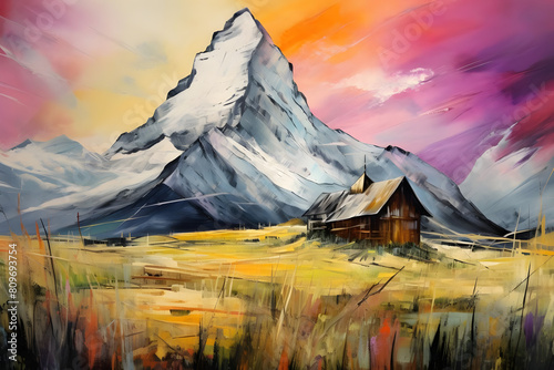 fascinating mountain peak nestled in farmhouse. abstract landscape painting, generative ai