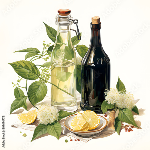 Elderflower cordial - A sweet syrup made from elderflower blossoms, often mixed with water or sparkling water to make a refreshing drink, illustration.