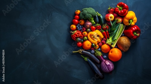 Conceptual image of spinning fruits and vegetables forming a heart, symbolizing healthy eating
