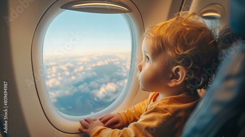 child passenger looking out of plane window at clouds and sky, air travel concept