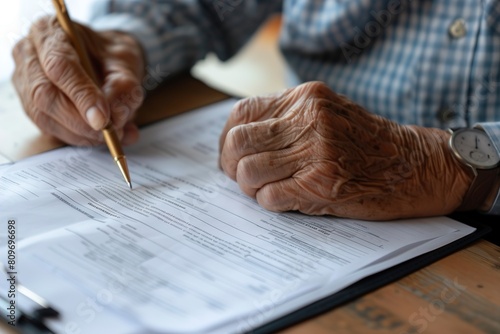older man is seen writing on a piece of paper, reviewing a pension transfer form