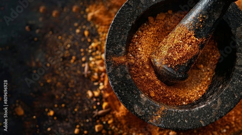 Darkened shape of spices swirling in a mortar and pestle