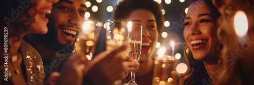 Group of joyful friends toasting with champagne at a festive party with sparkling lights