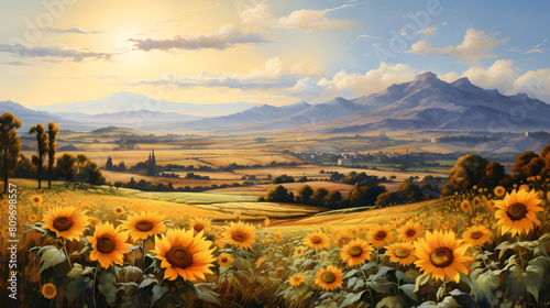 Sunflower Fields in Tuscany: fields of sunflowers in Tuscany, Italy, stretch under the Tuscan sun, their golden faces turning towards the light in a breathtaking display, watercolor illustration.