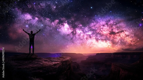 A man standing on a precipice, arms raised in awe, against a composite long exposure landscape photograph of the Milky Way galaxy.
