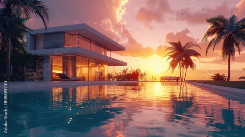 Behold the exterior of an amazing modern minimalist cubic villa, surrounded by palm trees and featuring a large swimming pool.