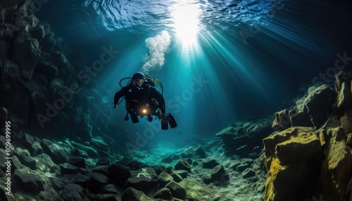 A person in a scuba suit explores an underwater cave, swimming through the dark caverns with a flashlight