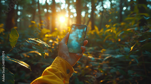 Woman's hands taking photos with smartphone in nature
