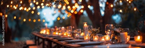 A stunning outdoor dining table arrangement adorned with string lights, candles, and fresh flowers creates a magical evening atmosphere