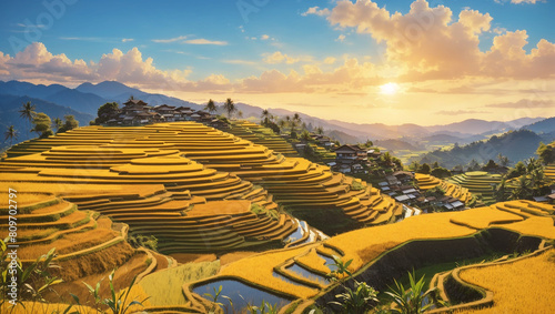 terraced rice fields in a valley. 