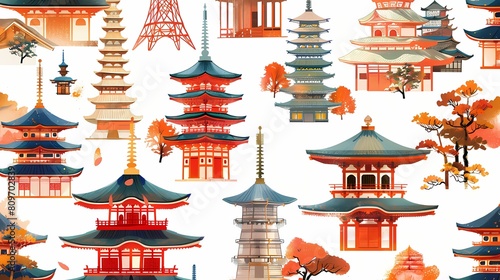 A vibrant tapestry of diverse Asian pagodas and autumn foliage