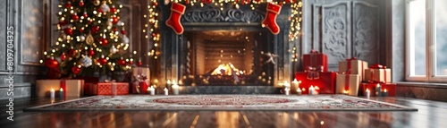 AI-generated photo of a fireplace with Christmas decorations.