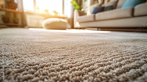 Close-up shot of a sofa with a beige carpet rug against a home interior background.