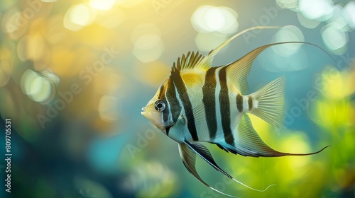Portrait of a zebra angelfish in a tank with a blurred background.