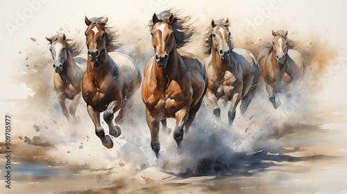 Watercolor illustration of five horses galloping energetically, stirring up dust under a soft sky.