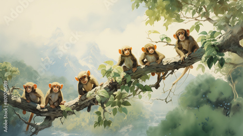Digital illustration of six baby monkeys with expressive faces, playfully perched on a tree branch in the dense, green jungle canopy.
