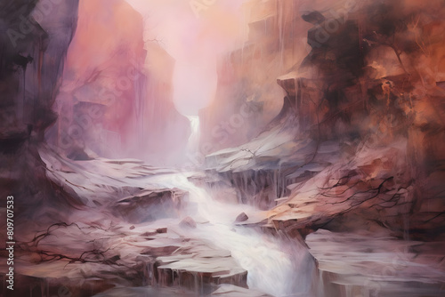 ethereal waterfall canyon. abstract landscape painting, generative ai