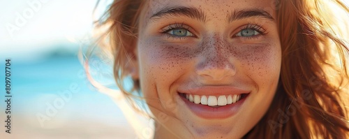 A smiling girl teenager with braces mouth, close up