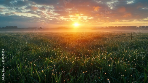 Serene pasture at sunrise, captured in documentary photography style, highlighting the peaceful, dew-covered grasslands for an agricultural magazine