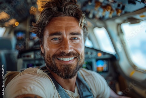 A warm and friendly smiling pilot in casual attire with headset in the cockpit of an airplane
