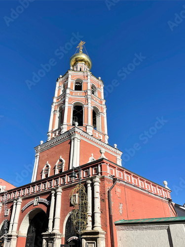 Moscow, Russia, March, 03, 2024. Ansient bell tower of the Vysoko-Petrovsky Monastery 