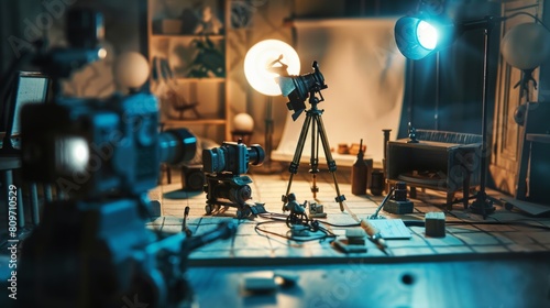 Miniature Film Studio Scene - Director Chairs, Tiny Cameras, and Dramatic Lighting
