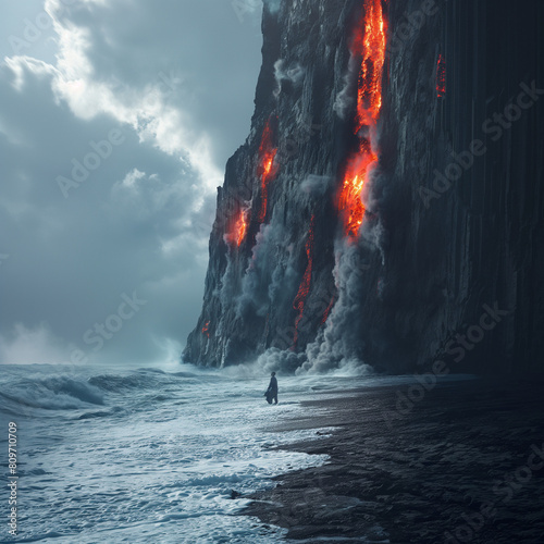Lava earthquake in front of the ocean