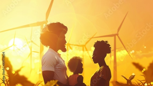 family in the community with wind generators turbines, Wind turbines are alternative electricity sources, the concept of sustainable AI generated