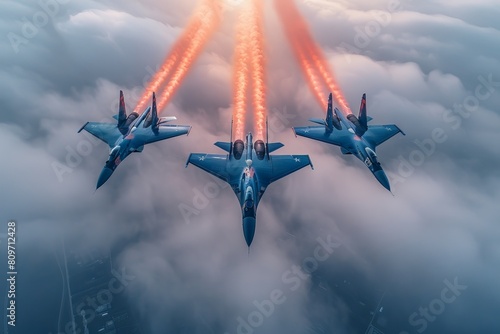 An action-packed image capturing fighter jets mid-flight with afterburner flames lighting up the cloudy sky Shows speed and precision of military aircraft