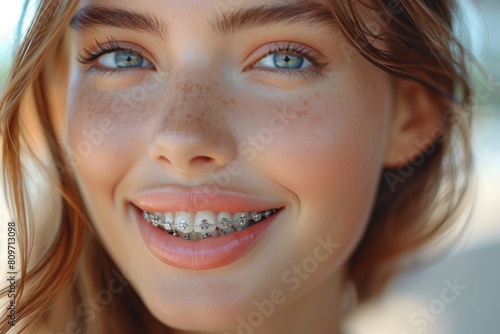 A close-up of a teenage girl with light hair and freckles, smiling with dental braces