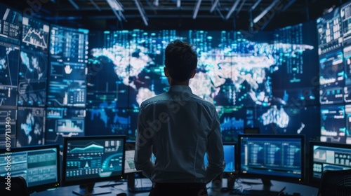They are working in the Data Center and are surrounded by multiple screens displaying maps and logistics data. The Manager gives a briefing to his staff.