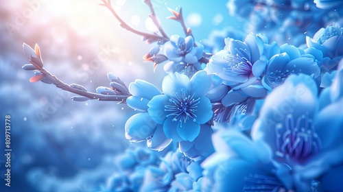 Vibrant blue cherry blossoms hang on a branch against a luminous bokeh background, heralding the advent of spring.