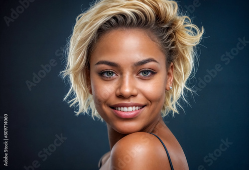 Sorrisi in contrasto- Giovane donna nera con capelli biondi tinti, sguardo fisso su sfondo blu