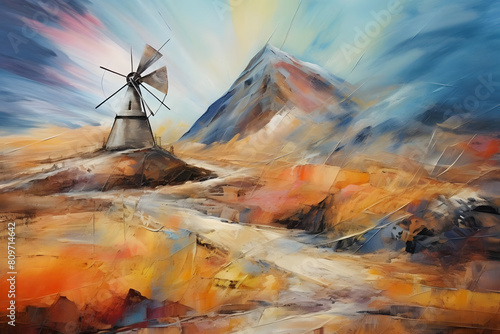 ethereal mountain peak adjacent to windmill. abstract landscape painting, generative ai