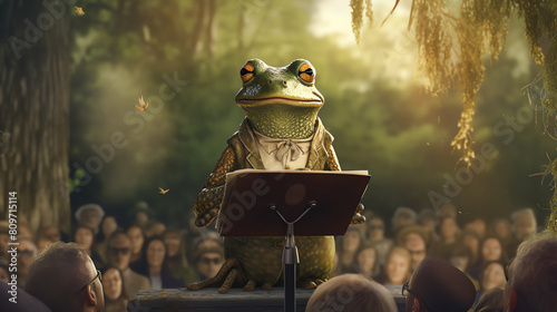 A wise and eloquent frog stands on a podium in the middle of a sunlit forest